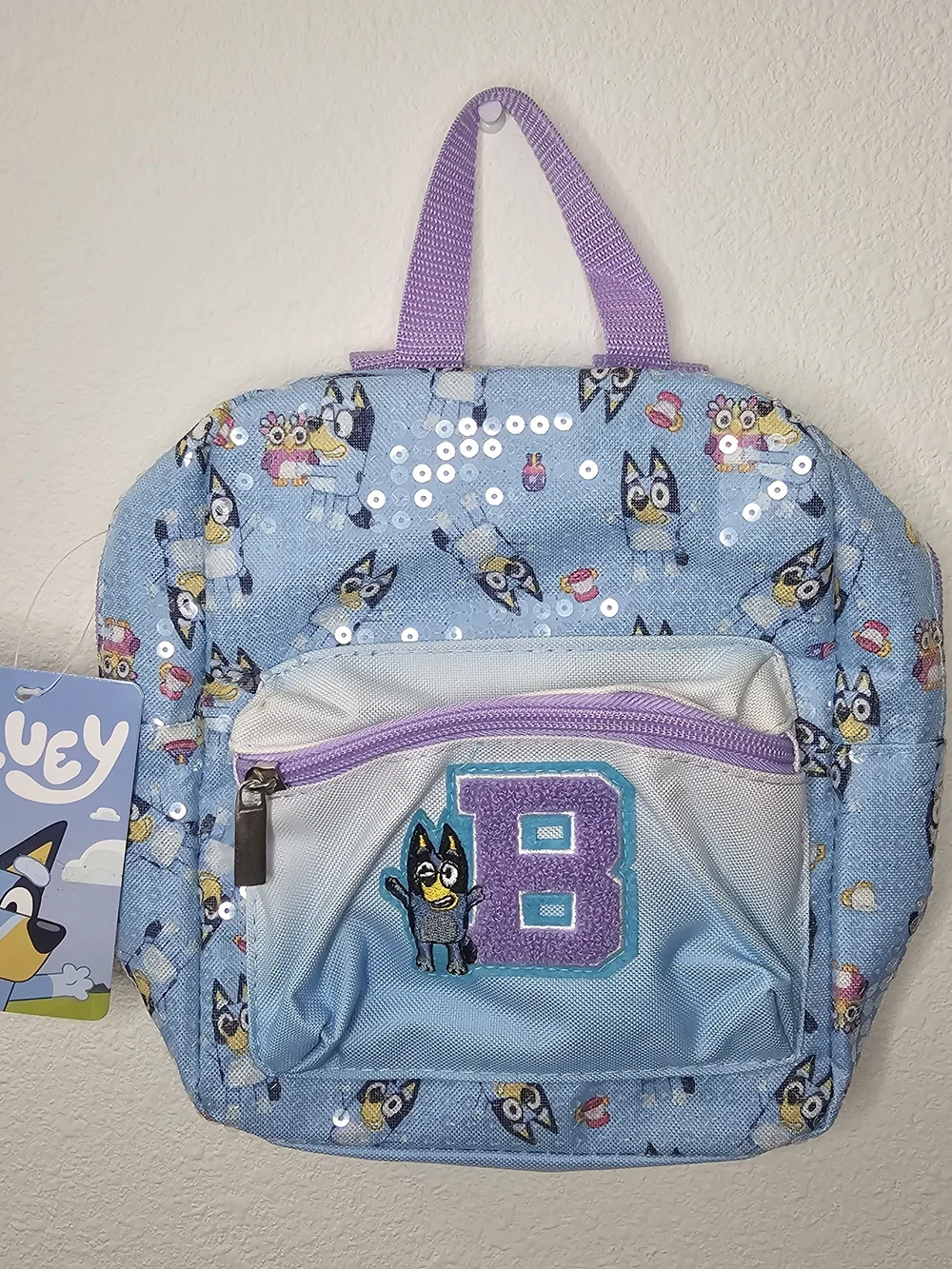 Blue Kids Backpack with Purple Trim and 'B' Patch